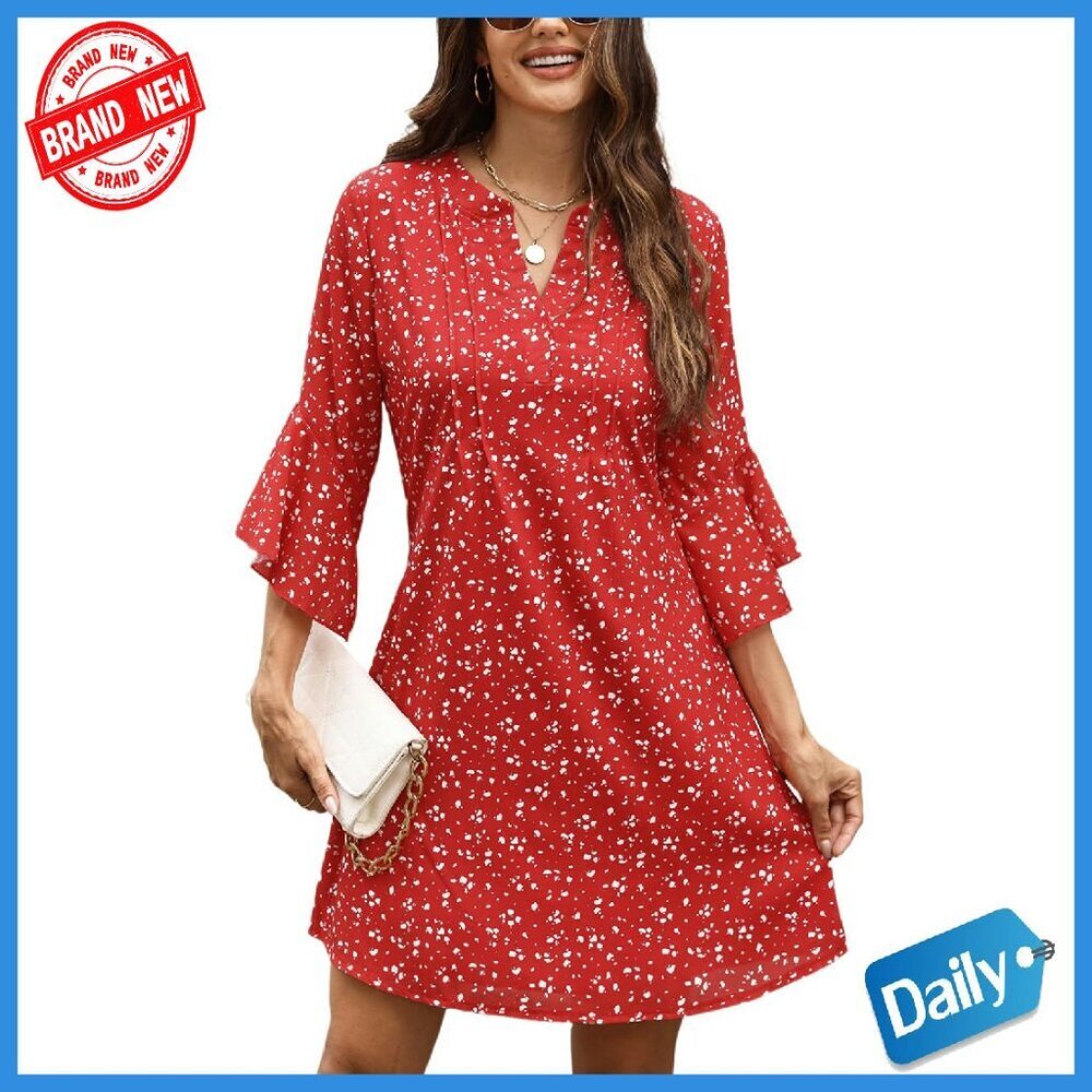 Lightweight Floral 3/4 Sleeve V-Neck A-Line Dress Casual Summer